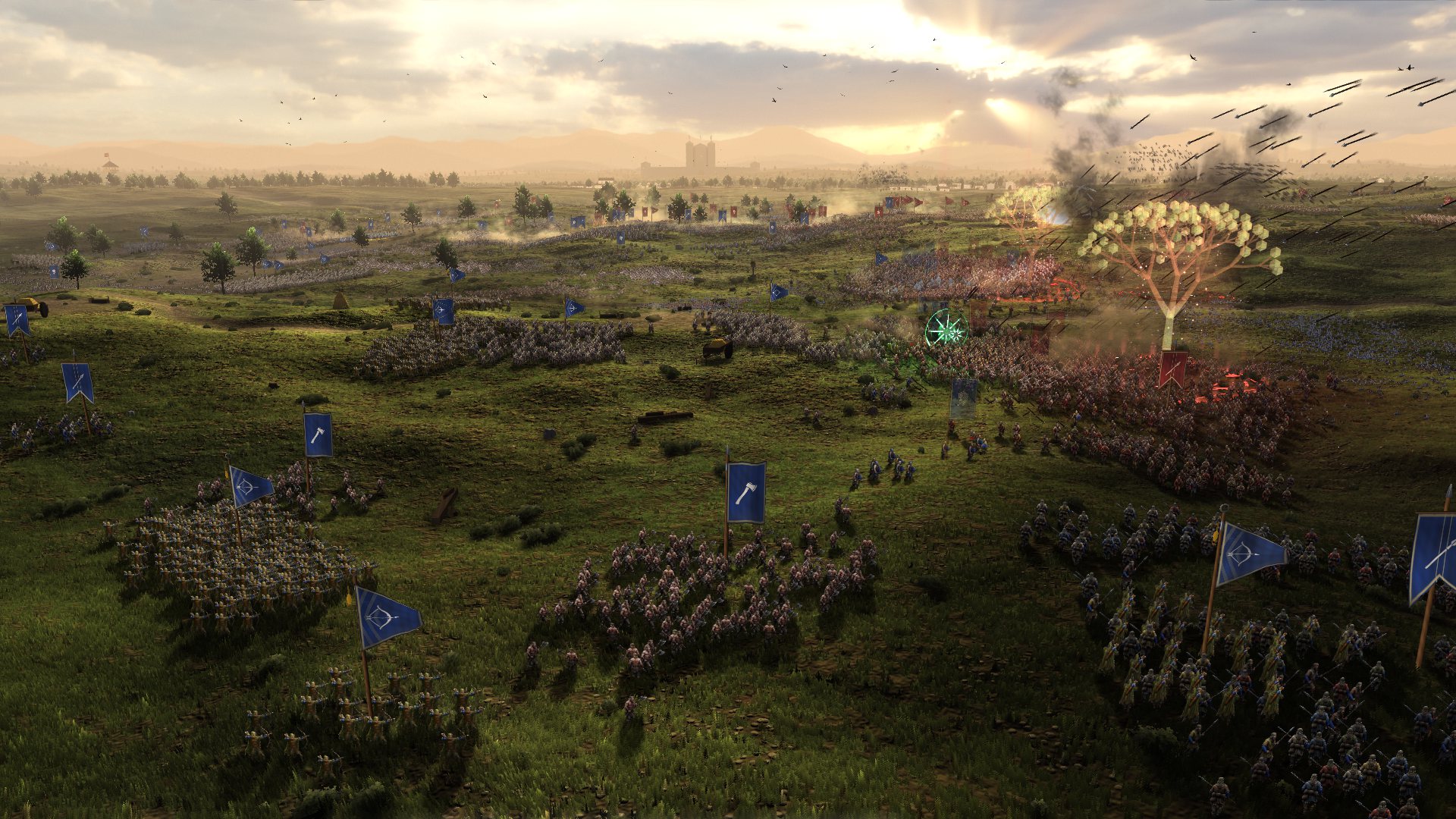 Battle lines across open ground at dusk